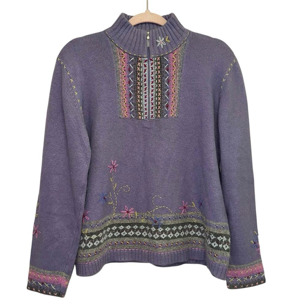 Embroidered Sweater Medium Purple Boho Cottagecore Zip Neck - Picture 1 of 5